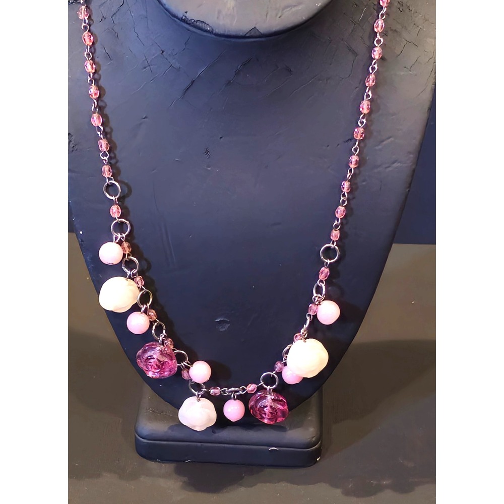 Glass Rose Beaded Necklace Pink White Silver Tone Chain Romantic Adjustable